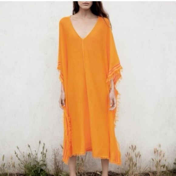 Zara Other - Zara Kaftan XS Orange Linen Blend Knit Oversized Lagenlook Cover Up Boho Poncho